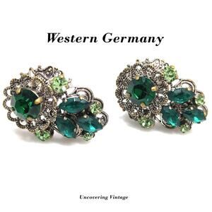 Western Germany Green Filigree Clip Earrings, Light Dark Green Rhinestones 1950s
